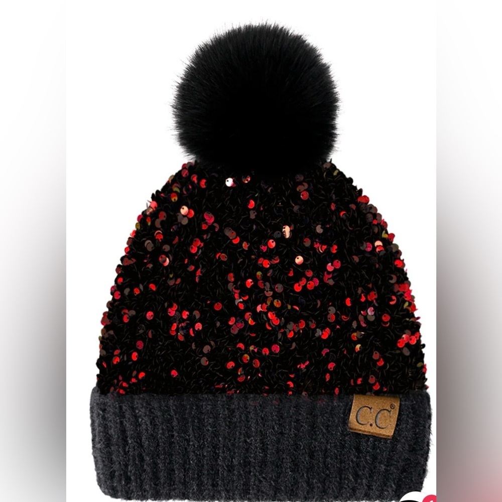 C.C Sequin Red Black Beanie with Black Pom-Pom Women One Size NWT